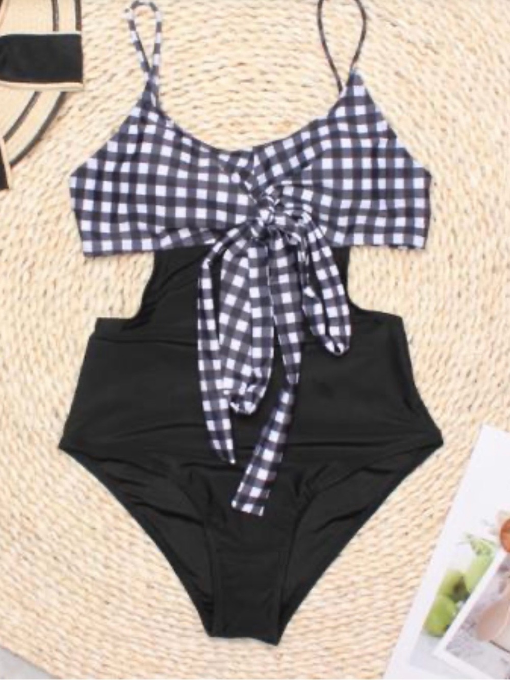 NWOT Gossina Gingham Cross Bandage One-Piece Swimsuit in Black and White